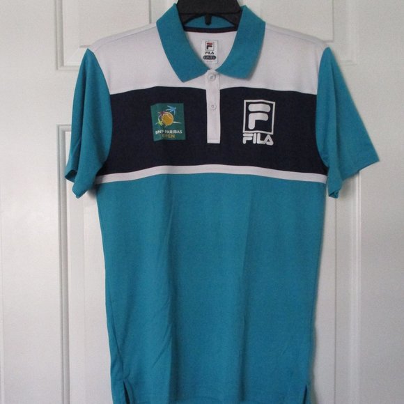 FILA Young Mens BNP Paribas Open Teal Navy Tennis Polo Shirt - Size Small - Picture 1 of 3